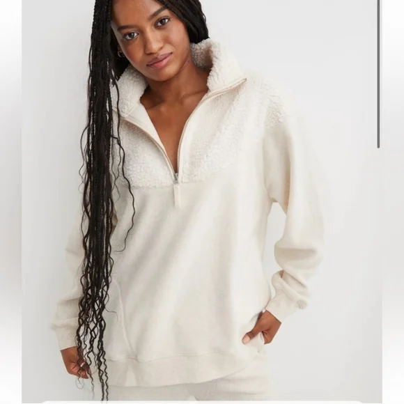 Aerie Cozy Hometown Holiday Sherpa 1/4 Zip Pullover Sweatshirt. Cream. Small. - Picture 1 of 12